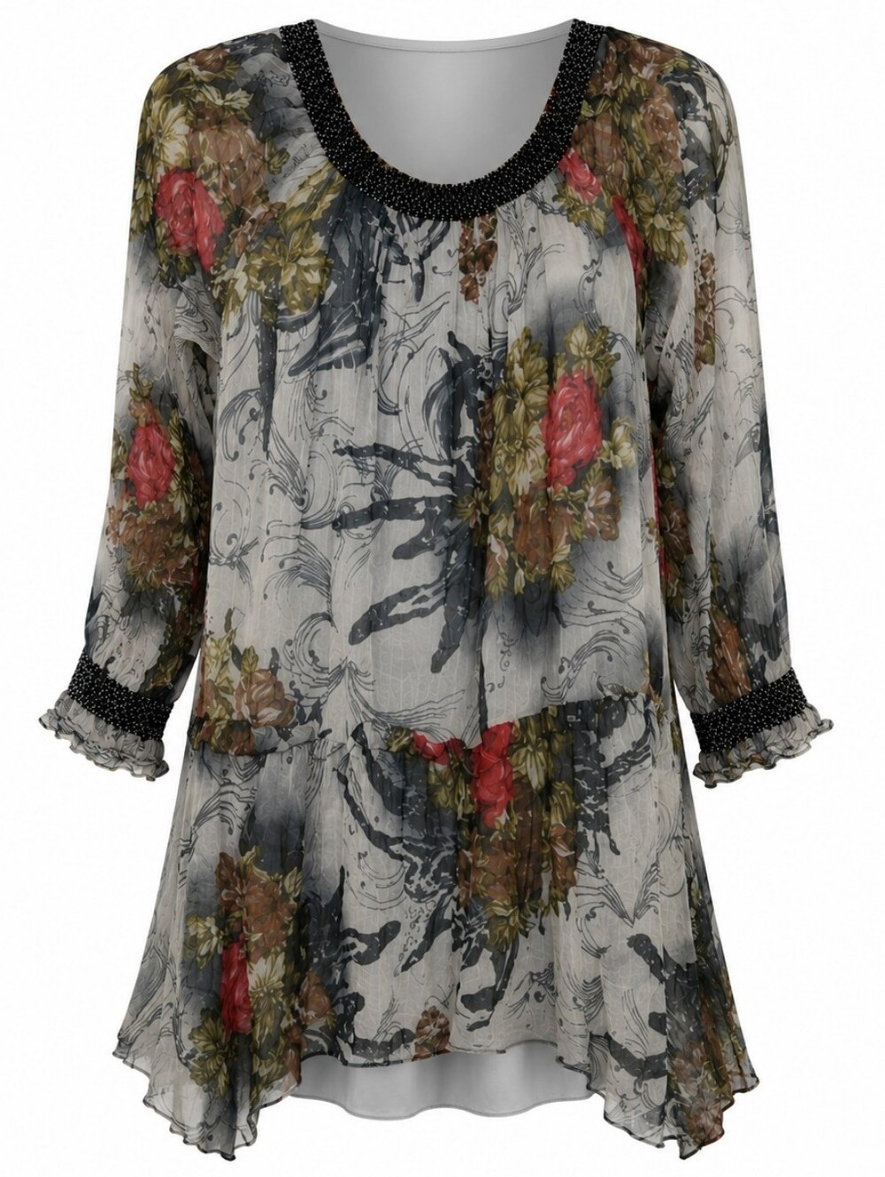 Silk Floral Tunic Top Smocked Beaded Neckline Lined Whimsigoth Fairycore Size M?
